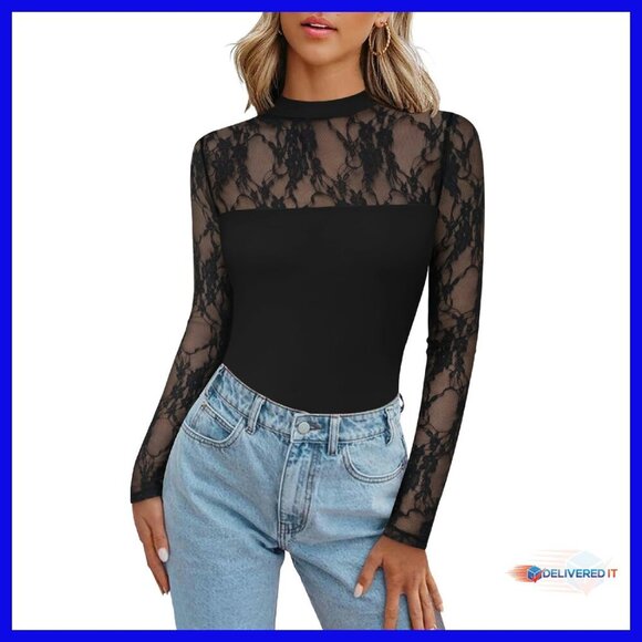 Tops - Long Sleeve Lace Mesh Blouse Sheer Crew Neck Sexy Going Out Top
